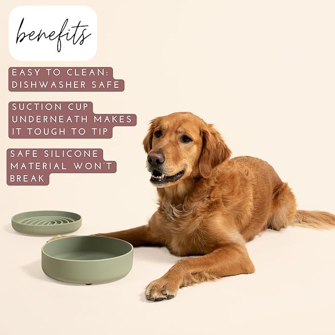 Should We Go? Dog Water Bowl - The Perfect Dish No-Spill, Less Mess Non-Tippable Water & Food Bowl, Pure Silicone with Suction Cup Fits 5 Cups 7.5" Across x 2.25" Tall, Ideal for All Pets, Medium-Sage