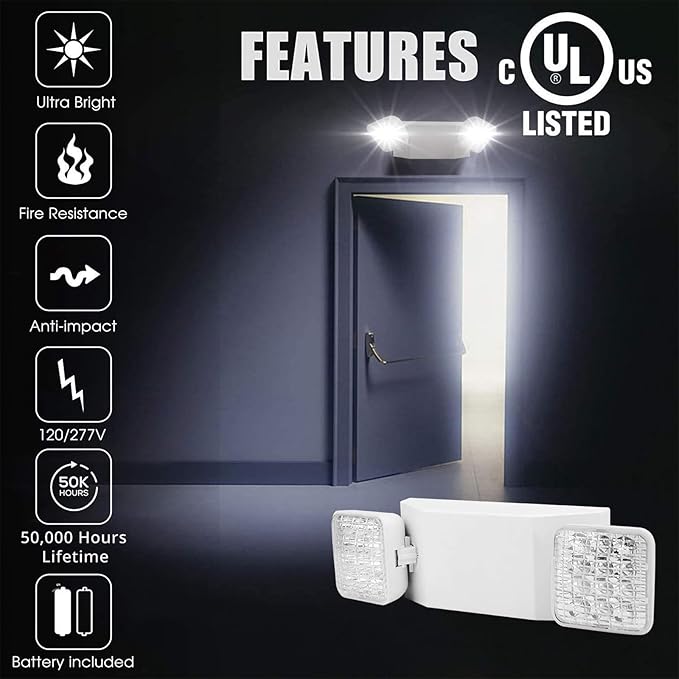 Commercial Emergency Light, UL Certified, White Emergency Light Fixture with 2 LED Square Heads Adjustable & Backup Batteries Exit Lighting (6 Pack)
