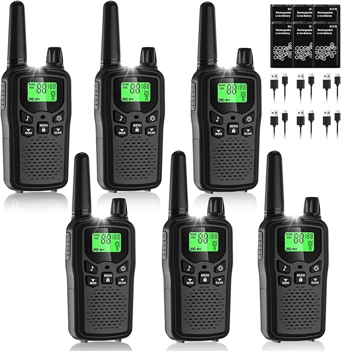 Walkie Talkies for Adults Long Range, Rechargeable Walkie Talkie 22 FRS Channels Two Way Radios with Noise Reduction, Volume Adjustment, LED Flashlight,1200mAh Rechargeable Battery (6 Pack Black)