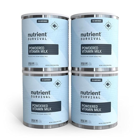 Nutrient Survival Vitamin Powdered Milk (4 Cans, 200 Servings), Freeze Dried Prepper Supplies & Emergency Food Supply, 21 Essential Nutrients, Soy & Gluten Free, Shelf Stable Up to 25 Years