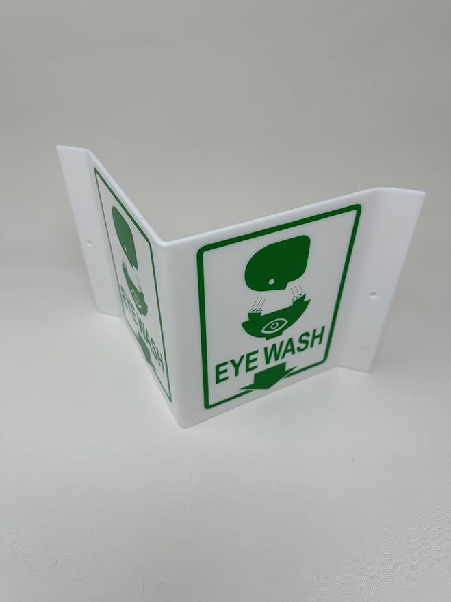 9" Width x 6" Height x 4" Depth Acrylic, Green on White Standard EYEWASH "V" Sign