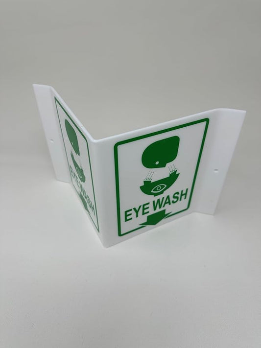 9" Width x 6" Height x 4" Depth Acrylic, Green on White Standard EYEWASH "V" Sign