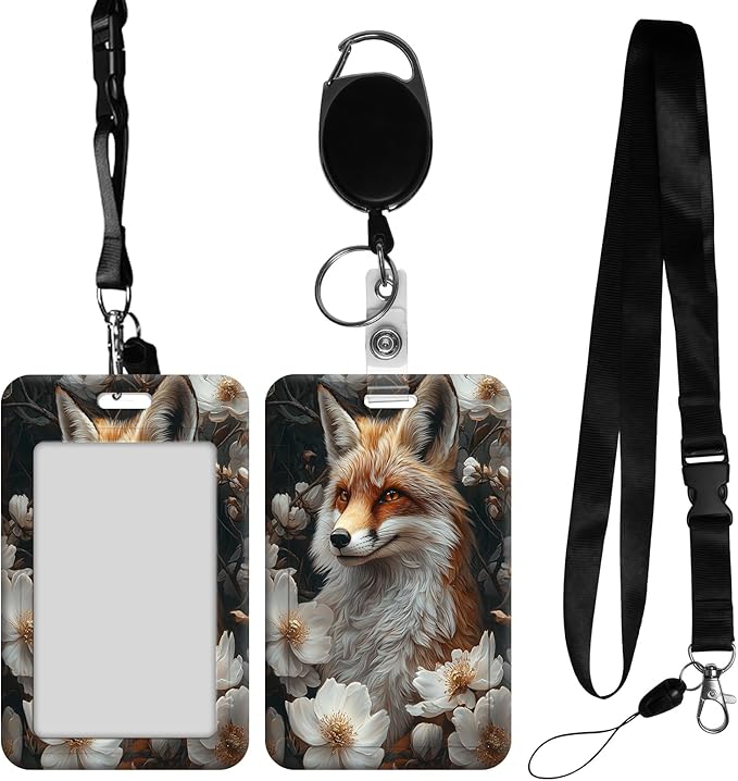ID Badge Holder with Retractable Lanyard for Women & Men,Vertical ID Card Holder Wallet,Clear Window&Card Slot,Detachable Neck Strap for Nurse Teacher Office,Fox Blossom Elegance