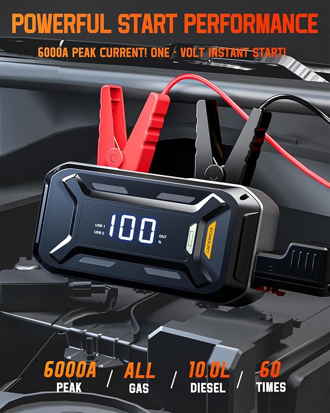 Acmount P120 Car Battery Jump Starter Portable, 6000A 12V Car Jumper Starter with Jump Box (All Gas/10.0L Diesel), LCD Display, USB Quick Charge & LED Light, Ultimate Durable Battery Jump Pack