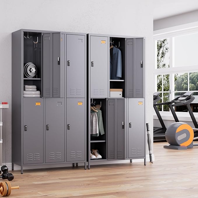Metal Lockers for Employees with Combination Lock, 6 Doors Storage Locker with 6 Shelves, 18 Hooks and Card Slot for Office Gym School Bedroom, Assembly Required, Dark Gray