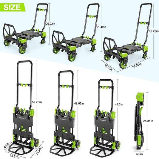 2-in-1 Folding Hand Truck Dolly 330LB Load Carrying, Hand Truck Foldable Dolly with Retractable Handle and 4 Rubber Wheels, Portable Folding Hand Cart for Moving/Travel/Office(Green)