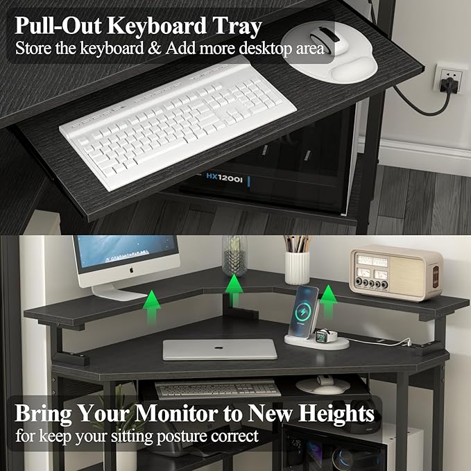 Auromie Corner Desk with Charging Station & LED Light, Triangle Corner Desk with Monitor Stand & Keyboard Tray for Small Space, Gaming Computer Desk with Storage Shelves for Home Office (Black)