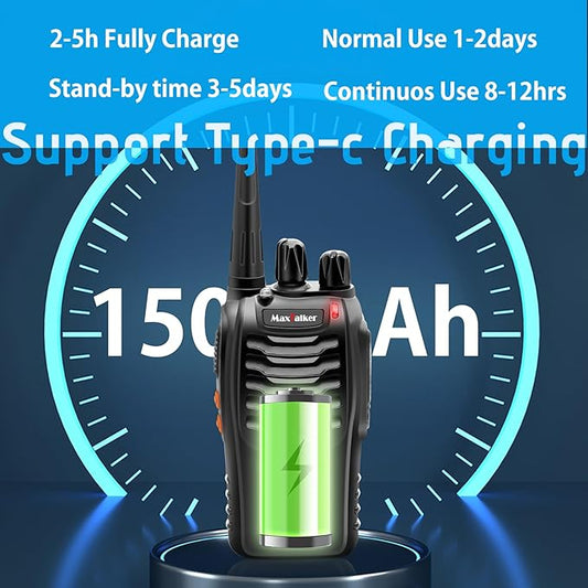 MT-8S Walkie Talkies Long Range for Adults,Rechargeable Walkie Talkie with 6 Way Multi Gang Charger, 1500mAh Li-ion Battery, Earpiece, Flashlight and USB-C Charging (2Pack)