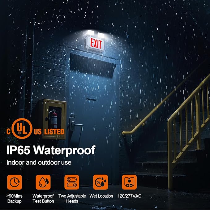 Wet Location Exit Sign with Emergency Lights,Exterior Red LED Exit Light Combo,Double Side Emergency exit sign with Battery Backup,Outdoor Waterproof Hardwired Exit Light,Two Adjustable Heads,120/277VAC,UL Listed (2 Pack)