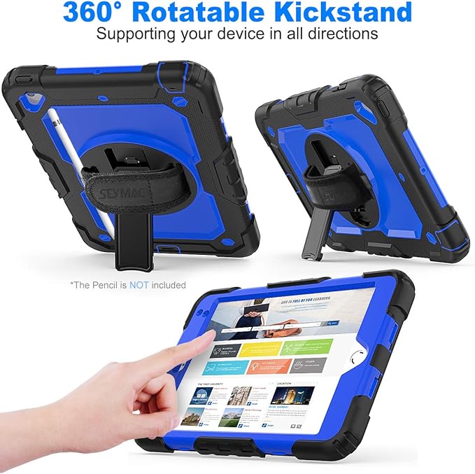 SEYMAC stock Case for iPad mini 5/4 with Screen Protector Pencil Holder [360 Rotating Hand Strap] & Stand, Drop-Proof Case for iPad mini 5th/4th Generation 7.9 inch (Blue+Black)
