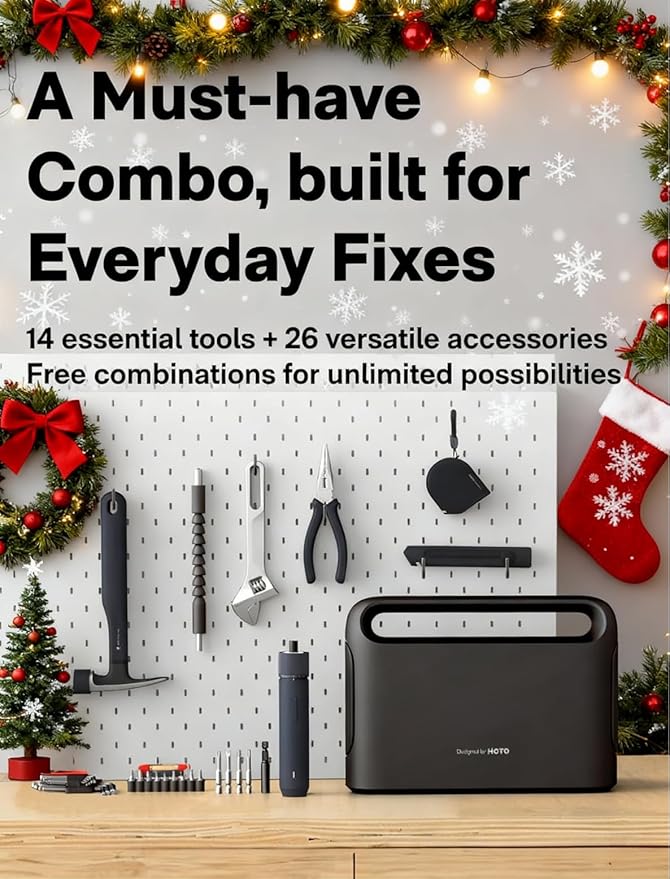 HOTO 40-Piece Tool Kit, Household Essentials Tool Set w/Smart Electric Screwdriver (LED, 3 Torque) + 14 Tools & 26 Accessories | Pro-Grade Compact Organizer for Home, Dorm Repairs, DIY