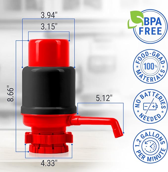Manual Water Pump for 5 Gallon Bottle – Universal Fit for Crown Top and Screw Top Jugs - Adjustable Tubs, Protective Spout Cap, Cleaning Brush, BPA-Free Food-Grade Materials – 5 Gallon Water Pump