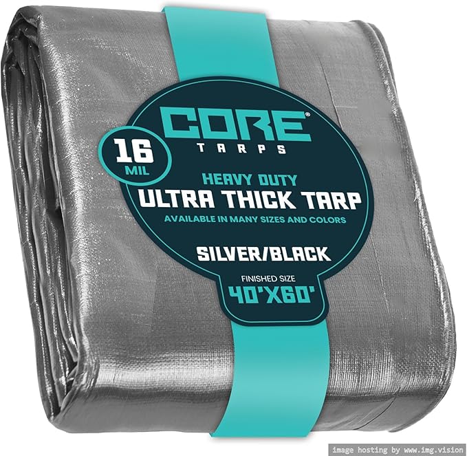 Core Tarps Extra Heavy Duty 16 Mil Tarp Cover, Waterproof, UV Resistant, Rip and Tear Proof, Poly Tarpaulin with Reinforced Edges for Roof, Camping, Patio, Pool, Boat (Silver/Black 40′ X 60′)