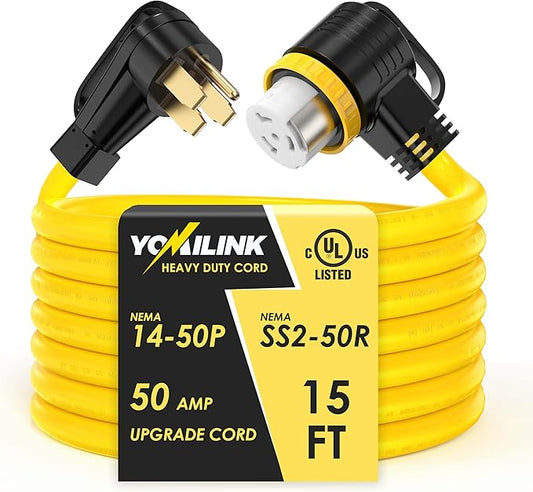 15 Feet 50 Amp RV/Generator Cord, UL Listed, Locking Connector, NEMA 14-50P to SS2-50R Twist Locking, Newly Designed 90°Grip Handle, 6/3+8/1 Gauge STW Wire