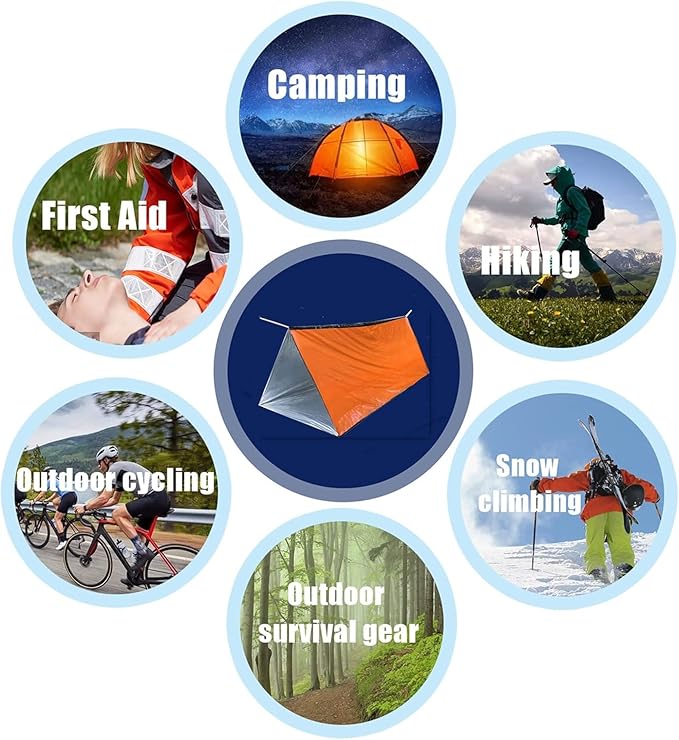 1 Piece Survival Shelter, Polyester Film Emergency Tent Survival Kit with String Bundle Pocket Whistle for Hiking, Car Camping（Orange）