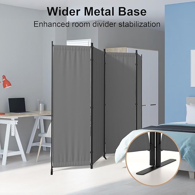 Privacy Screen Room Divider as Dressing Screen 4 Panel Wall Room Divider with 3 Wider Feet Portable Wall 6FT Partition Wall for Office Dining Room Children's Separate Rooms,Grey