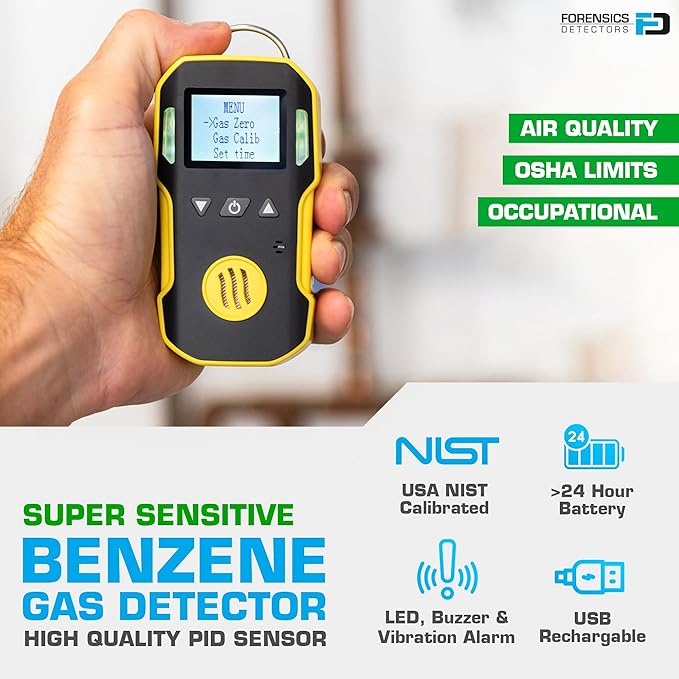 Benzene Detector (C6H6) by Forensics | USA NIST Calibration & Certificate | Dust & Explosion Proof | USB Recharge | Sound, Light and Vibration Alarms | 0-20 ppm |