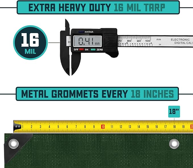 Core Tarps Extra Heavy Duty 16 Mil Tarp Cover, Waterproof, UV Resistant, Rip and Tear Proof, Poly Tarpaulin with Reinforced Edges for Roof, Camping, Patio, Pool, Boat (Green/Black 30′ X 40′)