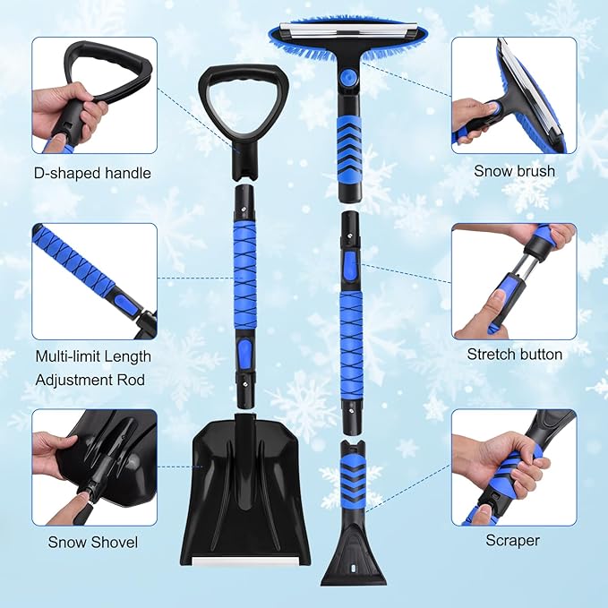 Blue Car Snow Brush and Shovel Kit, 42" Extendable Ice Scraper with 180° Pivoting Head & Ergonomic Grip - 39" Collapsible Emergency Snow Shovel for Car, SUV, Truck