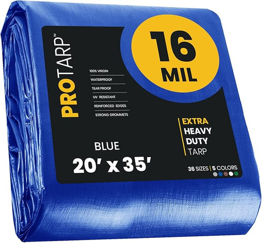 PROTARP Extra Heavy Duty 16 Mil Tarp Cover, Waterproof, UV Resistant, Rip and Tear Proof, Poly Tarpaulin with Reinforced Edges for Roof, Camping, Patio, Pool, Boat. (Blue 20′ X 35′)
