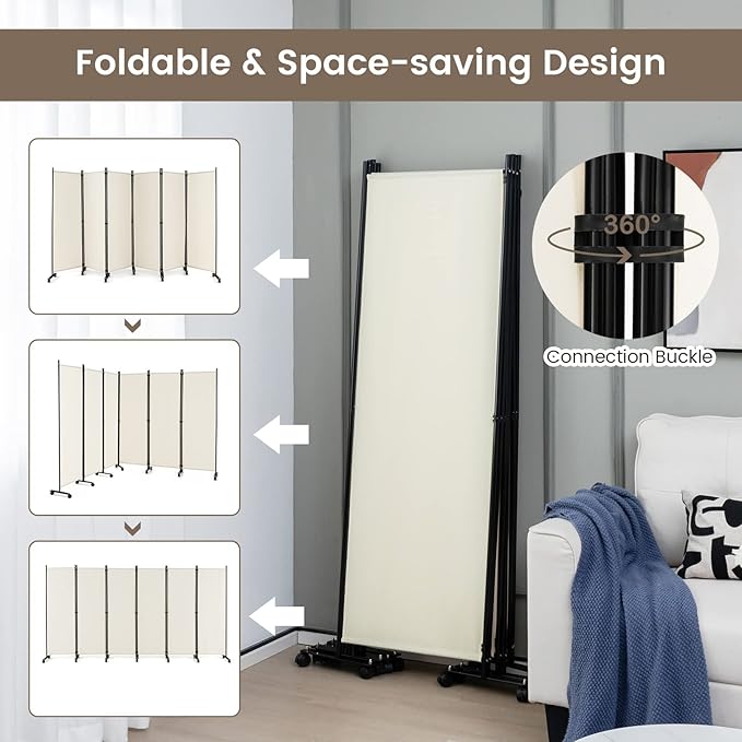 Giantex 6 Panel Room Divider, 132''W x 68''H Large Folding Privacy Screen, Rolling Partition Room Dividers for Home Office Studio Separation, Freestanding Fabric Wall Divider Screen on Wheels, Beige