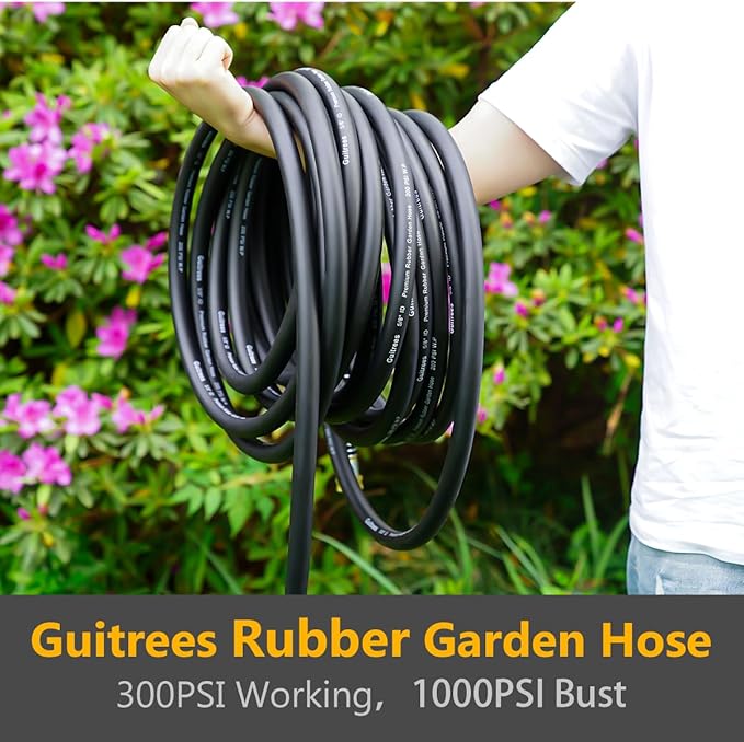 25FT 5/8 Heavy Duty Rubber Garden Hose - 200psi Working, 1000psi Burst - Hot/Cold Water - Five-Layered Braiding for Durability - Versatile for Gardening, Agriculture, Construction(Black)