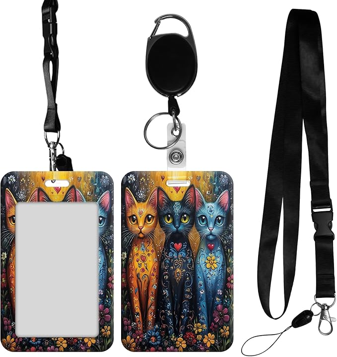 ID Badge Holder with Retractable Lanyard for Women & Men,Vertical ID Card Holder Wallet,Clear Window&Card Slot,Detachable Neck Strap for Nurse Teacher Office,Colorful Art Cats