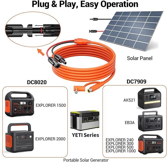 Solar Connector to DC 8mm Adapter Cable, 6FT 12AWG+14AWG Solar Cable with DC8020/7909 Compatible for Jackery Explorer 160 240 500 GZ Yeti BLUETTI Portable Power Station, Solar Generator, Solar Panel