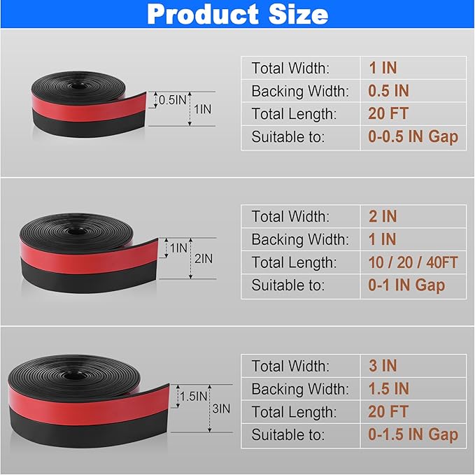 ToLanbbt Weather Stripping Silicone Door Seal Strip 2 in x 40 ft Door Draft Stopper Self Adhesive Door Draft Tape, Side & Bottom Gaps Insulation Strip for Glass Shower Door Sliding Door Window, Black