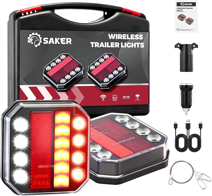 Saker Wireless Trailer Lights Magnetic, 2.4GHz Remote LED Tow Kit with 100FT Range & 1-Mile Visibility, USB-C Charging IP65 Waterproof for Trucks, RVs, Boats, Trailers