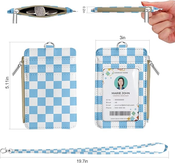bolimoss Checkered Lanyard Wallet for Women, ID Badge Holder with Zipper Pocket Breakaway Neck Lanyard, Pu Leather Keychain Wallet Office Worker Teacher Student Nurse Gift