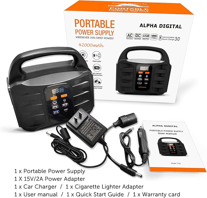 Portable Power Station 155Wh 42000mAh, Solar Generator with 110V/100W AC Outlet, DC 12V Output, USB QC3.0 & Type-C, LED Flashlight, Lithium Battery Backup Power Bank for Home Camping Travel Outdoors