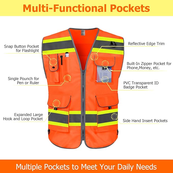 TCCFCCT High Visibility Vest 9 Pockets Hi Vis Reflective Safety Vest for Men Women, Surveyor Work Vest with Fluorescent Yellow Extend Edge, Durable, Breathable, Meets ANSI/ISEA, (DB-Orange, Small)