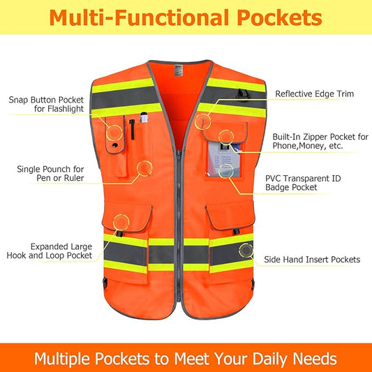 TCCFCCT High Visibility Vest 9 Pockets Hi Vis Reflective Safety Vest for Men Women, Surveyor Work Vest with Fluorescent Yellow Extend Edge, Durable, Breathable, Meets ANSI/ISEA, (DB-Orange, Small)
