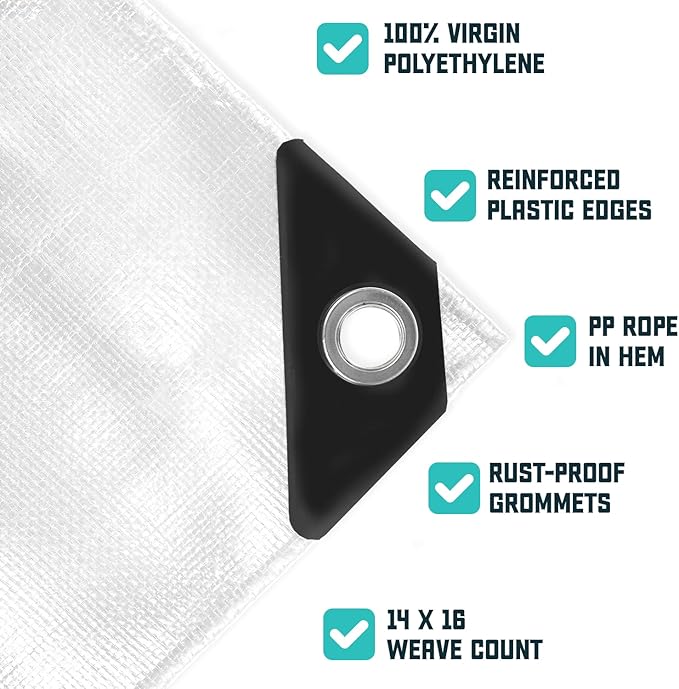 Core Tarps Extra Heavy Duty 16 Mil Tarp Cover, Waterproof, UV Resistant, Rip and Tear Proof, Poly Tarpaulin with Reinforced Edges for Roof, Camping, Patio, Pool, Boat (White 18′ X 24′)