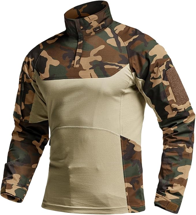 CQR Men's Combat Shirt Tactical 1/4 Zip Long Sleeve Military BDU Shirts Camo EDC Top with Pockets