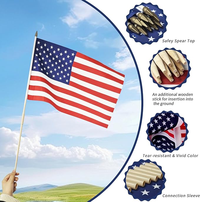50 Pack 12x18 Inch American Flags on Stick - Patriotic American Flags for Outside, USA Stick Flag Perfect for Independence Day, Memorial Day, 4th of July Decorations (50)