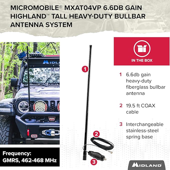 Midland - MXAT04VP-6.6dB Heavy-Duty Bull Bar Antenna with Spring Base Micromobile - 47.5” with 462-468 MHz Frequency - Long Range GMRS Communication - Overlanding Off-Roading - (Bundle)