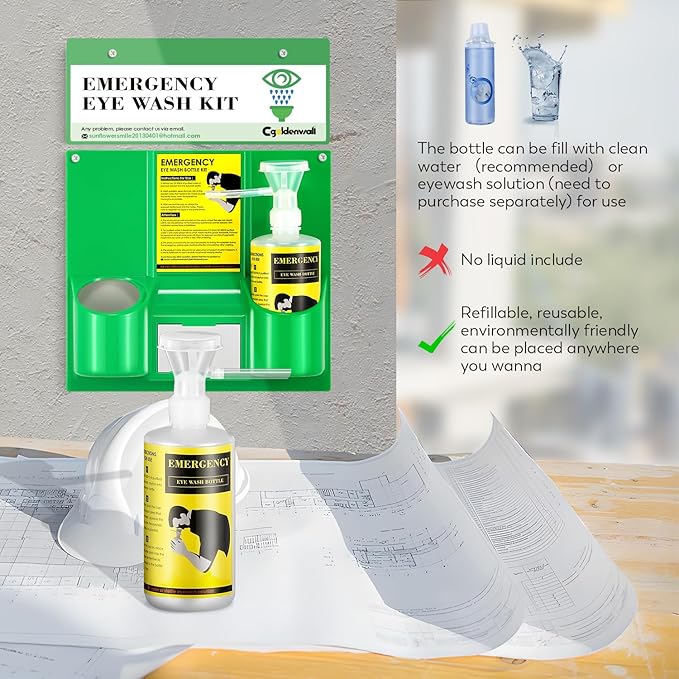 CGOLDENWALL Eye Wash Station Portable Emergency Eye Wash Kit, Wall Mounted Eyewash Station OSHA Approved, 2 * 16.9oz Bottles, with Mirror & Emergency Sign, Safety Material, NO Solution