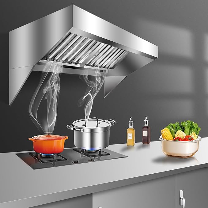 4FT Commercial Kitchen Exhaust Hood, Wall Mount Stainless Steel Vent Hood with 2 Detachable u-Shaped Filters, Rust-Resistant Food Truck & Restaurant Range Hood for Concession Trailer Cooking Station