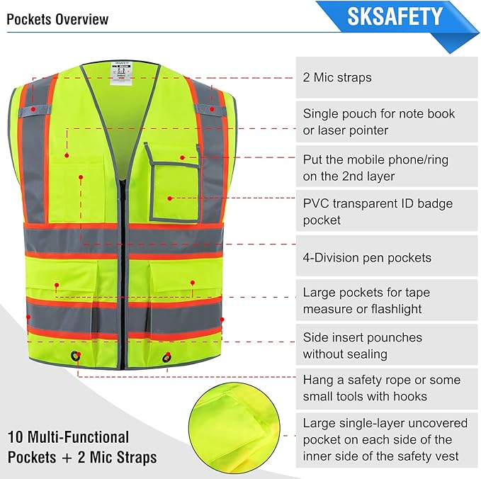 SKSAFETY 10 Pockets Safety Vest, Class 2 High Visibility Security with Zipper, Hi Vis Vest with Reflective Strips, ANSI/ISEA Standard, Construction Work Vest for Men ＆ Women （Lime, XL）
