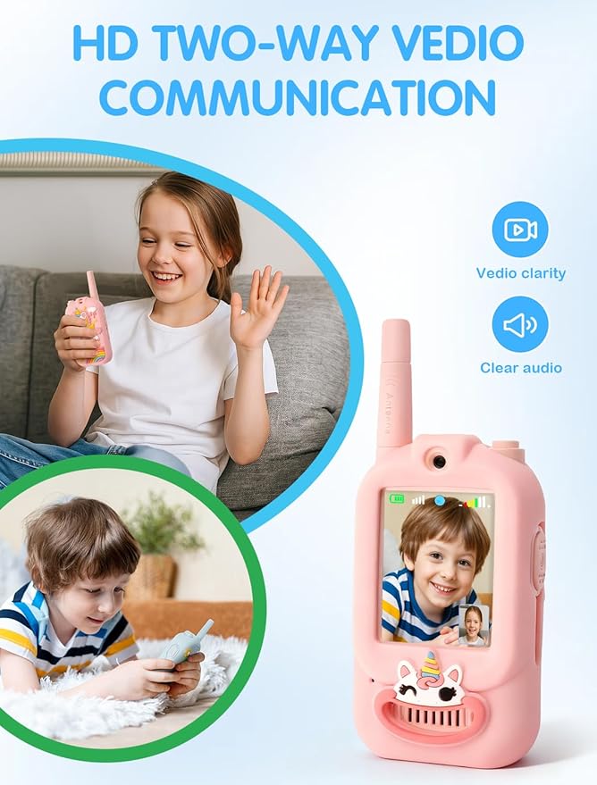 Video Walkie Talkies for Kids with Screen - Rechargeable 2 Pack Intercom with Voice Changer, Camping & Travel Toy Gift for Boys Age 3-8 (Unicorn Pink)