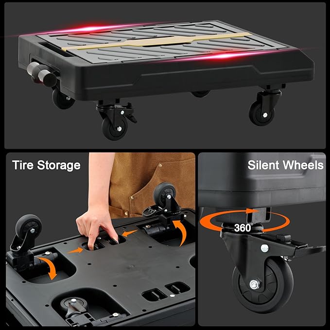 2-in-1 Foldable Hand Truck 132 Ibs Capacity, Portable Folding Cart with Telescoping Handle, Moving Dolly Cart with 4 Silent Wheels for Moving on Supermarket, Outdoors, Warehouse and Apartment