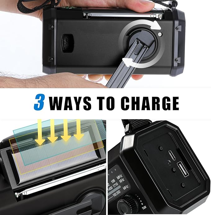 10000mAh Emergency Crank Radio,NOAA/AM/FM Weather Radio, Type-C Charge,Solar Charging,SOS, 3 Modes LED Torch, Reading Lamp, Compass for Outdoor Survival(Black)