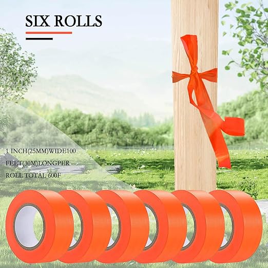6 Pack Orange Flagging Tape, Non-Adhesive Plastic Ribbon Neon Marking Roll,1inch*600ft, Marking Tape for Tree Marking, Hunting, Boundaries Hazardous Areas,Trail Marking, Workplace Use