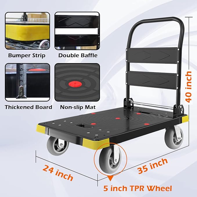 Folding Push Cart Dolly - 1300LBS Heavy Duty Portable Moving Dolly with 360 Swivel 6'' Wheels (35L x24W x40H in)