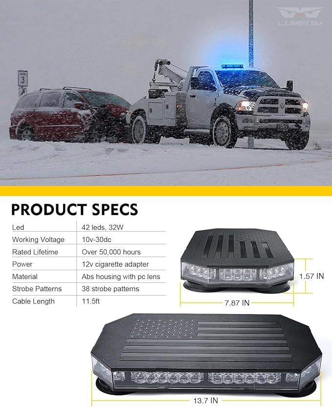 LUMENIX Blue LED Rooftop Strobe Beacon Police Lights Magnetic Mount Emergency Security Caution Flashing Traffic Light Bar for Volunteer Firefighter First Responders Vehicles Trucks - Patented Design