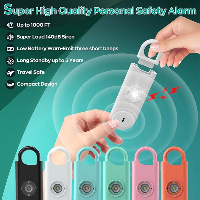 140dB Personal Safety Alarm for Women, 6 Pack Safe Alarm Protection Keychain with Strobe Light & Low Battery Notice, Security Siren Self Defense for Seniors College Girls, White+Pink+Black