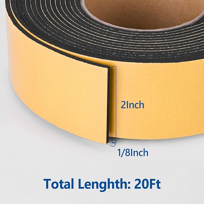 Self Adhesive Foam Tape Weatherstrip 2in x 1/8in x 20Ft High Density Foam Insulation Strips Foam Seal Weather Stripping with Strong Adhesive for Door and Window Sound Isolation Soundproofing