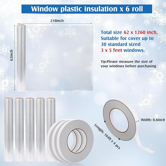 Frienda Window Insulation Kit for Winter Each Roll 62 x 210 Indoor Window Plastic Insulation Kit with Double Sided Tape Clear Shrink Covering Film(6 Roll)